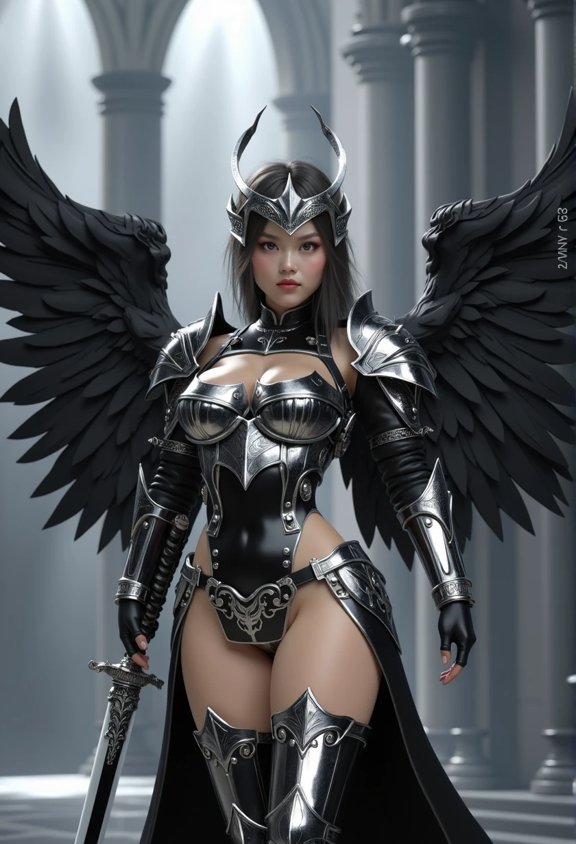 1fullbodyimage of a extremely cute Japanese young woman with albino skin and flowing hair, wide hips, well rounded legs, in a black and silver miniskirt outfit with black wings wielding a katana, Beautiful round breasts, Glossy lips, Perfect abs, (Perspectiveal), Tight waist, Inner seam, hourglass body shape, navel, Blush, Voluptuous, huge breasts, tight top, beautiful dark angel girl, warrior angel, villainess has black angel wings, angel knight gothic girl, angel in glossy metallic black and silver armor, crown in armour, stuning fantasy 3 d render, angel knight girl, cinematic volumetric lighting, ultra realistic, shot with Sony Fx6, (Glossy albino skin: 0.8), (Masterpiece: 1.4), (Best quality: 1.4), Natural(Big:1.25), Glossy lips, Perfect abs, (Perspectiveal), Tight waist, Inner seam, hourglass body shape, navel, Blush, Voluptuous, huge breasts, tight top, cinematic volumetric lighting
