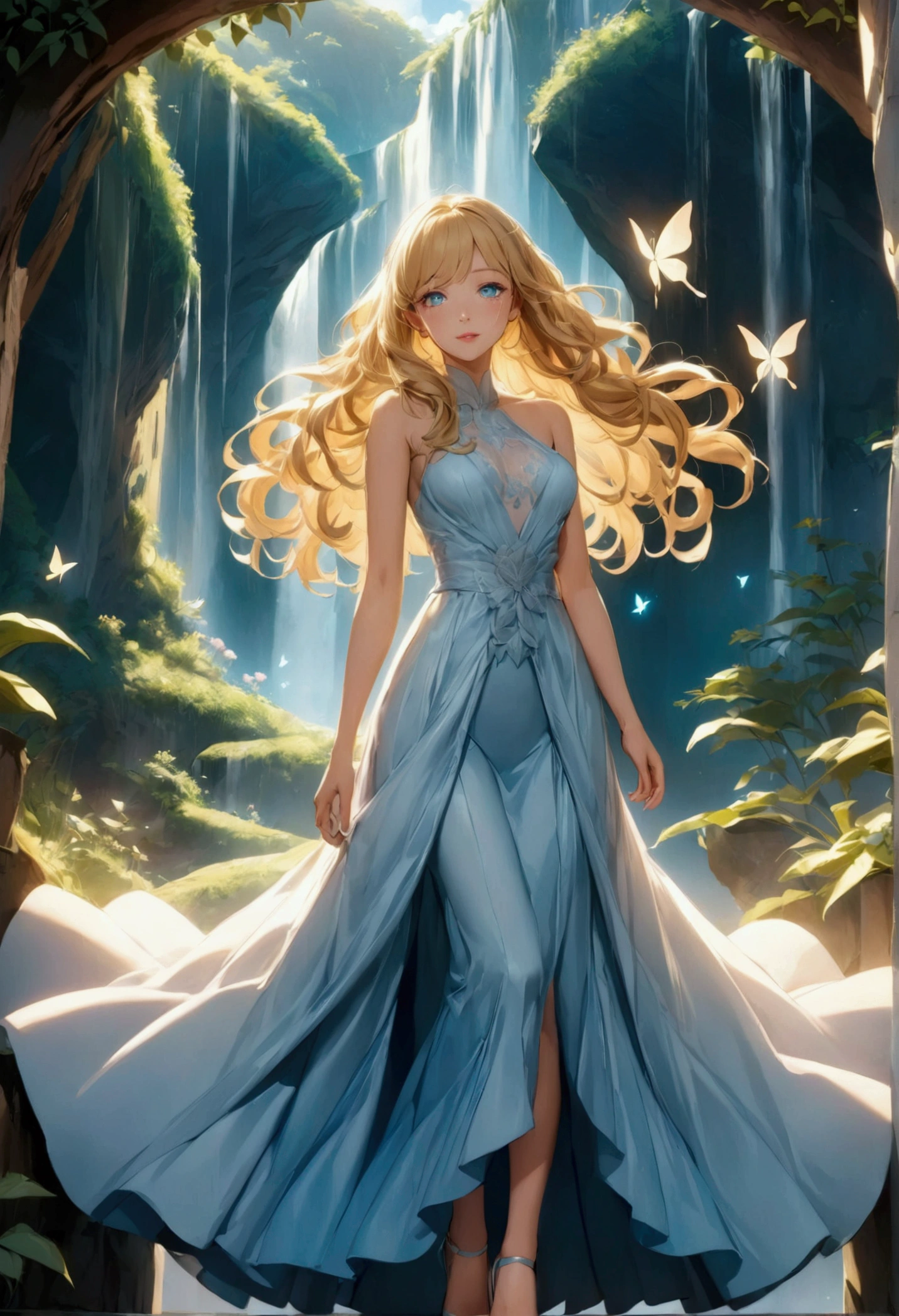 Background:
Viral anime nature wallpaper in 4K quality, in the style of digital illustration inspired by Satoshi Kon, depicting a dreamlike garden with floating islands, waterfalls cascading down, and glowing butterflies; surreal and vibrant color temperature, cosmos lighting with stars twinkling in the sky, no human characters, the atmosphere is surreal and mesmerizing
Front:
Fullbody 128k Bluray Extreme UHD 4K High quality anime image . My attention is drawn to an incredibly beautiful woman with long, wavy blonde hair that falls like waterfalls, full lips and cyan eyes. Her presence radiates elegance and charm, her features perfectly highlighted by the ambient glow. an incredibly beautiful woman catches my eye. Her presence radiates elegance and charm, her features perfectly highlighted by the ambient glow. royal hair style , immersed in happiness, adding a personal and intimate touch to the scene." Rendered in stunning 4K and UHD resolution using Octane Render CGI technology, everything comes to life in a mesmerizing 16K masterpiece, with an aura fascinating and high level of detail, anime fantasy illustration with tears in her dark eyes, beautiful fantasy portrait, beautiful anime woman with blonde hair, 4K, UHD, Ultra HD 4K image, extremely fascinating ethereal light, intricate details , extremely detailed, incredibly detailed. The woman dress a dress on high heels