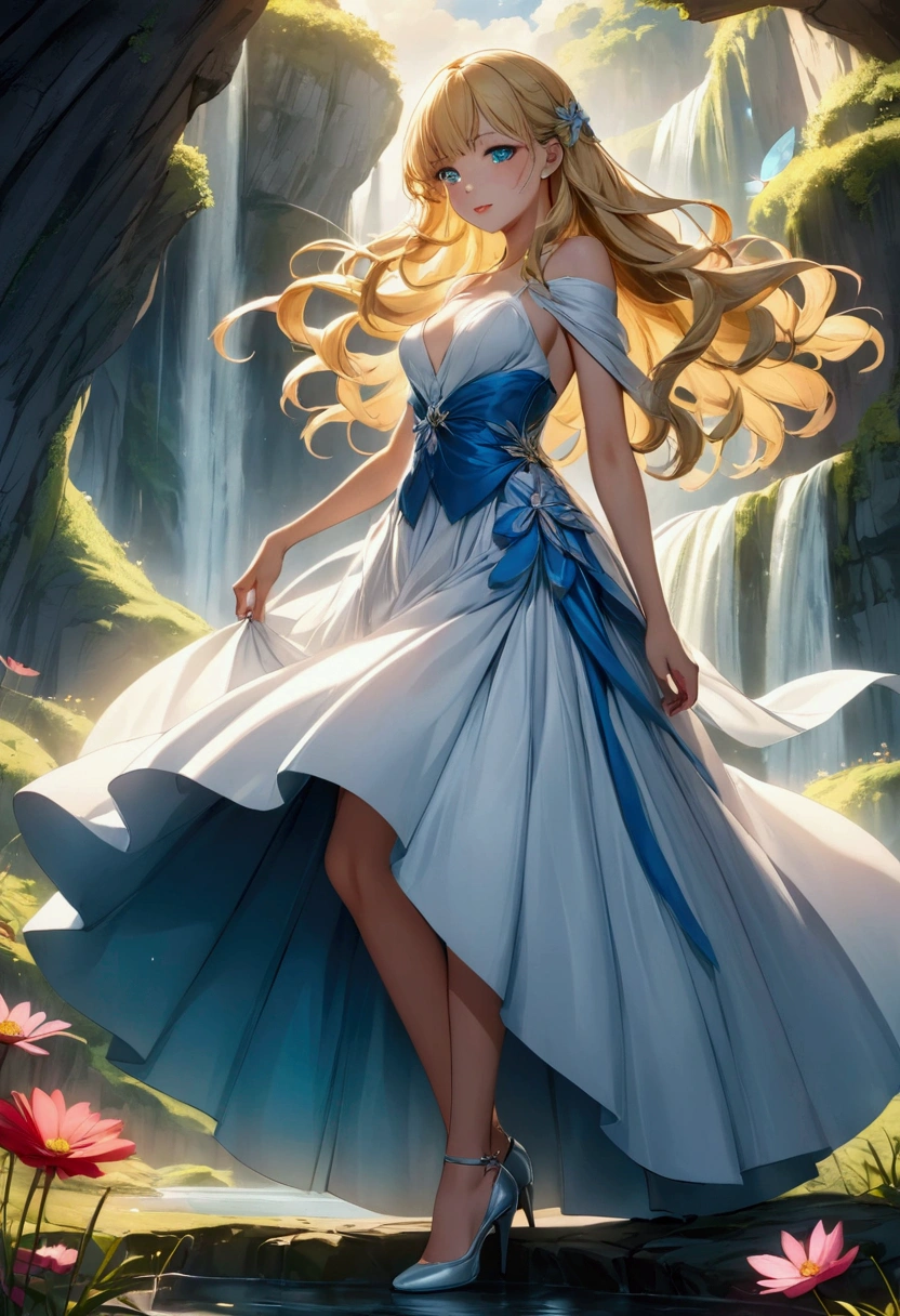 Background:

Viral anime nature wallpaper in 4K quality, in the style of digital illustration inspired by Satoshi Kon, depicting a dreamlike garden with floating islands, waterfalls cascading down, and glowing butterflies; surreal and vibrant color temperature, cosmos lighting with stars twinkling in the sky, no human characters, the atmosphere is surreal and mesmerizing

Front:

Fullbody 128k Bluray Extreme UHD 4K High quality anime image . My attention is drawn to an incredibly beautiful woman with long, wavy blonde hair that falls like waterfalls, full lips and cyan eyes. Her presence radiates elegance and charm, her features perfectly highlighted by the ambient glow. an incredibly beautiful woman catches my eye. Her presence radiates elegance and charm, her features perfectly highlighted by the ambient glow. royal hair style , immersed in happiness, adding a personal and intimate touch to the scene." Rendered in stunning 4K and UHD resolution using Octane Render CGI technology, everything comes to life in a mesmerizing 16K masterpiece, with an aura fascinating and high level of detail, anime fantasy illustration with tears in her dark eyes, beautiful fantasy portrait, beautiful anime woman with blonde hair, 4K, UHD, Ultra HD 4K image, extremely fascinating ethereal light, intricate details , extremely detailed, incredibly detailed. The woman dress a dress on high heels