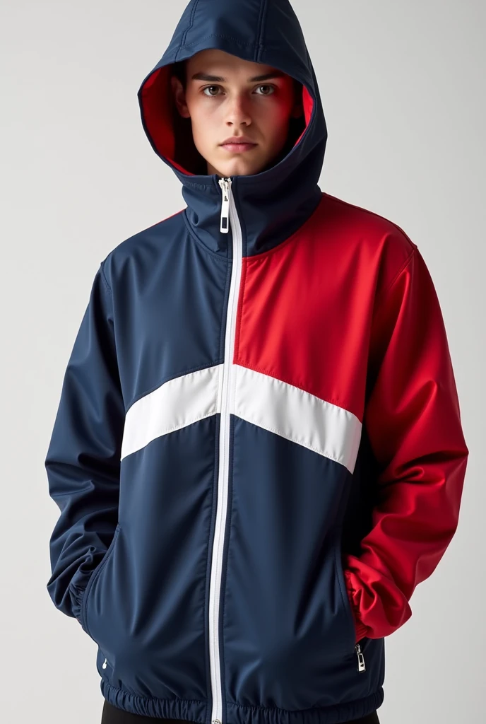 A sport windbreaker on the right upper chest all the way to the arm and hand it should be navy blue the mirror line should be a zip making the left upper chest all the way to the left arm and hand red...then from the all the breast up until to the hip passing by the belly should be white..and lastly the hood being slipt red on right and blue on left