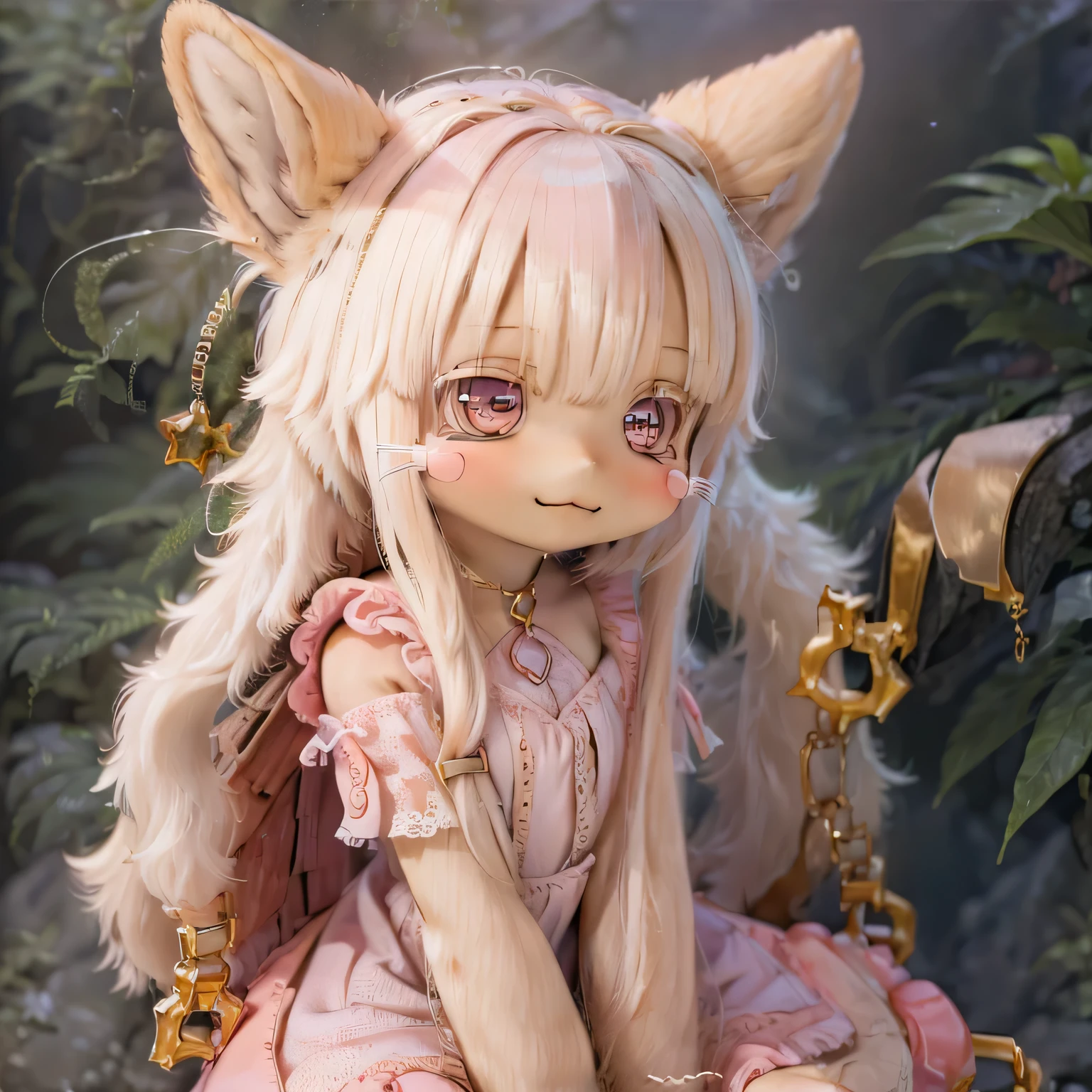in the garden, Smiling girl, Similar to Nanachi from Made in Abyss. She is beautiful, Beautiful eyes and lips. (((Chibi Style,))) . Image quality is excellent, Highly detailed and realistic features. The medium of this work is、Combining illustration and photorealistic rendering.. The colors are vivid、The lighting creates a warm and bright atmosphere。 whole body(((((Cute pink dress)))))Contrasting cute poses
