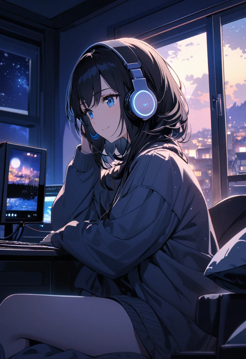 A beautiful woman, alone, A gentle smile on her face, Black Hair, blue eyes, Beautiful depiction,A woman sitting in front of a computer in a cozy bedroom, A woman listening to music in a cozy room (night), Use headphones, (beautiful night views from windows), ,Very detailed