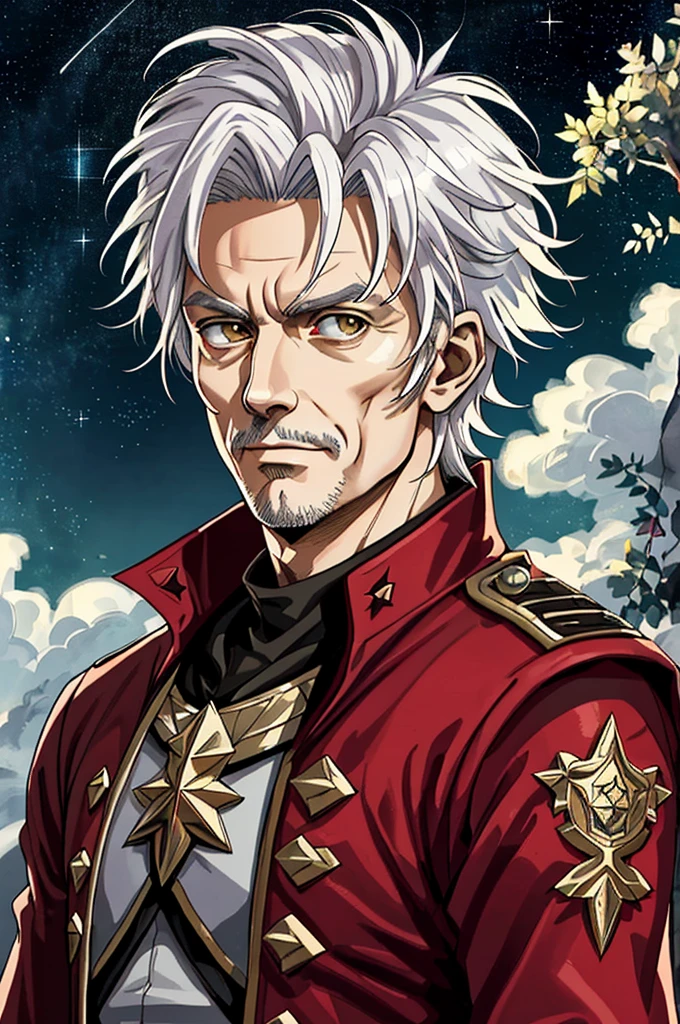 Highest quality, masterpiece, High resolution,，（Caesar），（smug face），Roman Empire，（Starry Sky_background），Old Man，Anime Style, 4K, alone，whole body， looking at the camera, （wine-red_coat）Laurel wreath，White Hair，Short Hair，（Full Finger）, Hyper Detail, (Intricate details),
