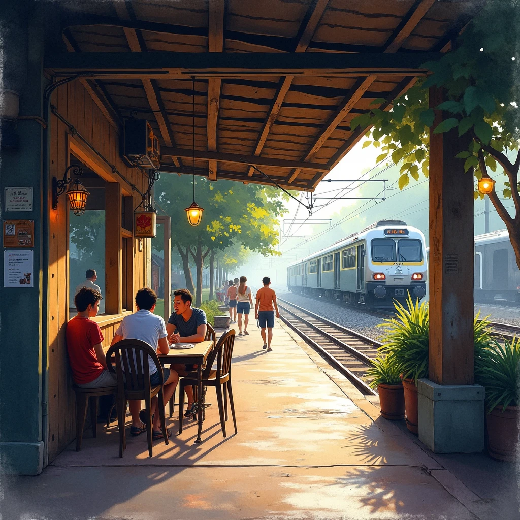 
Super Water color art. Landscape 45° of the atmosphere inside an old coffee shop, on the corner of a walkway in the market, [along the railway, people are sitting and talking, and a train is passing by]. Rural atmosphere, Thailand, cinematic 2K
