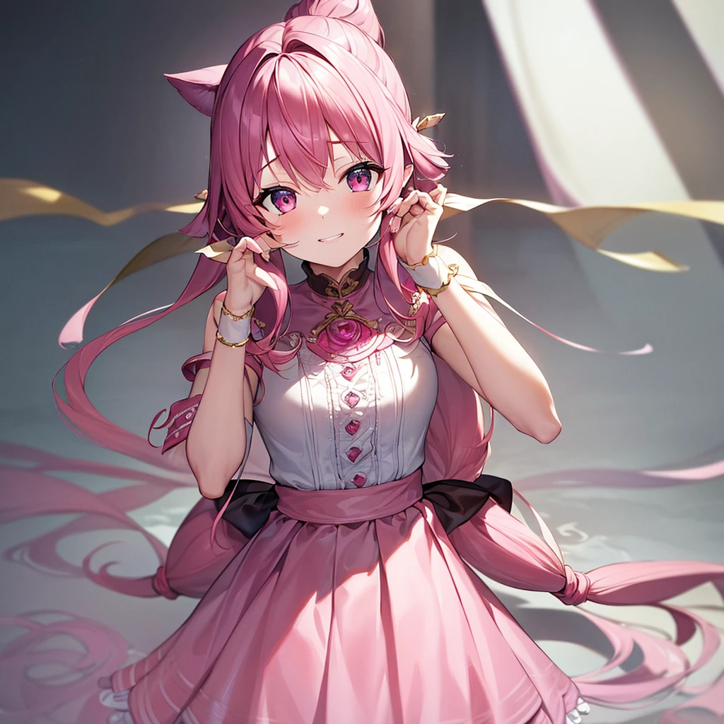 masterpiece,16k,raw photo,textured skin,very cute face,detail face,super detail,very detail hair,cute girl,high quality,best quality,correct,accurate:1.2),1girl, Laugh with your hands in your mouth, Put your face forward,laugh,(pink hair,twin tail,Make a fool)