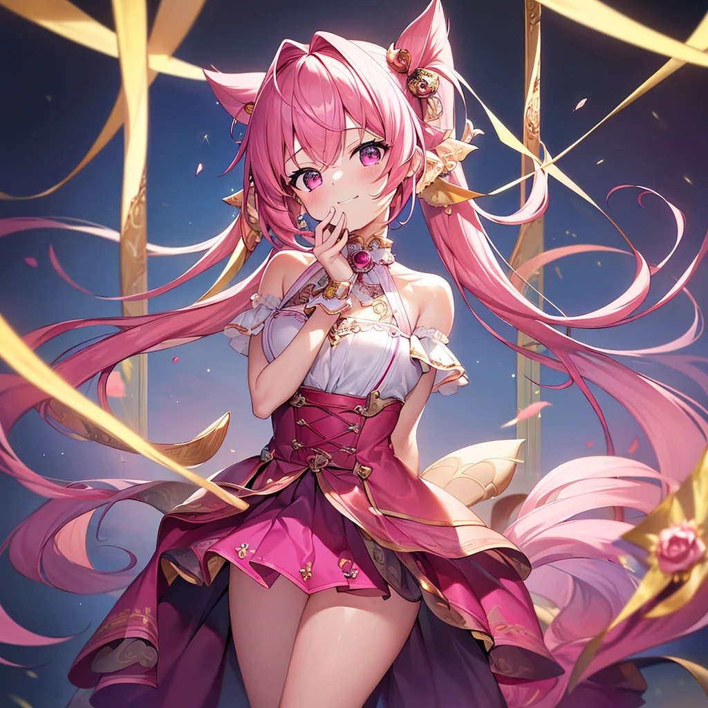 masterpiece,16k,raw photo,textured skin,very cute face,detail face,super detail,very detail hair,cute girl,high quality,best quality,correct,accurate:1.2),1girl, Laugh with your hands in your mouth, Put your face forward,laugh,(pink hair,twin tail,Make a fool)