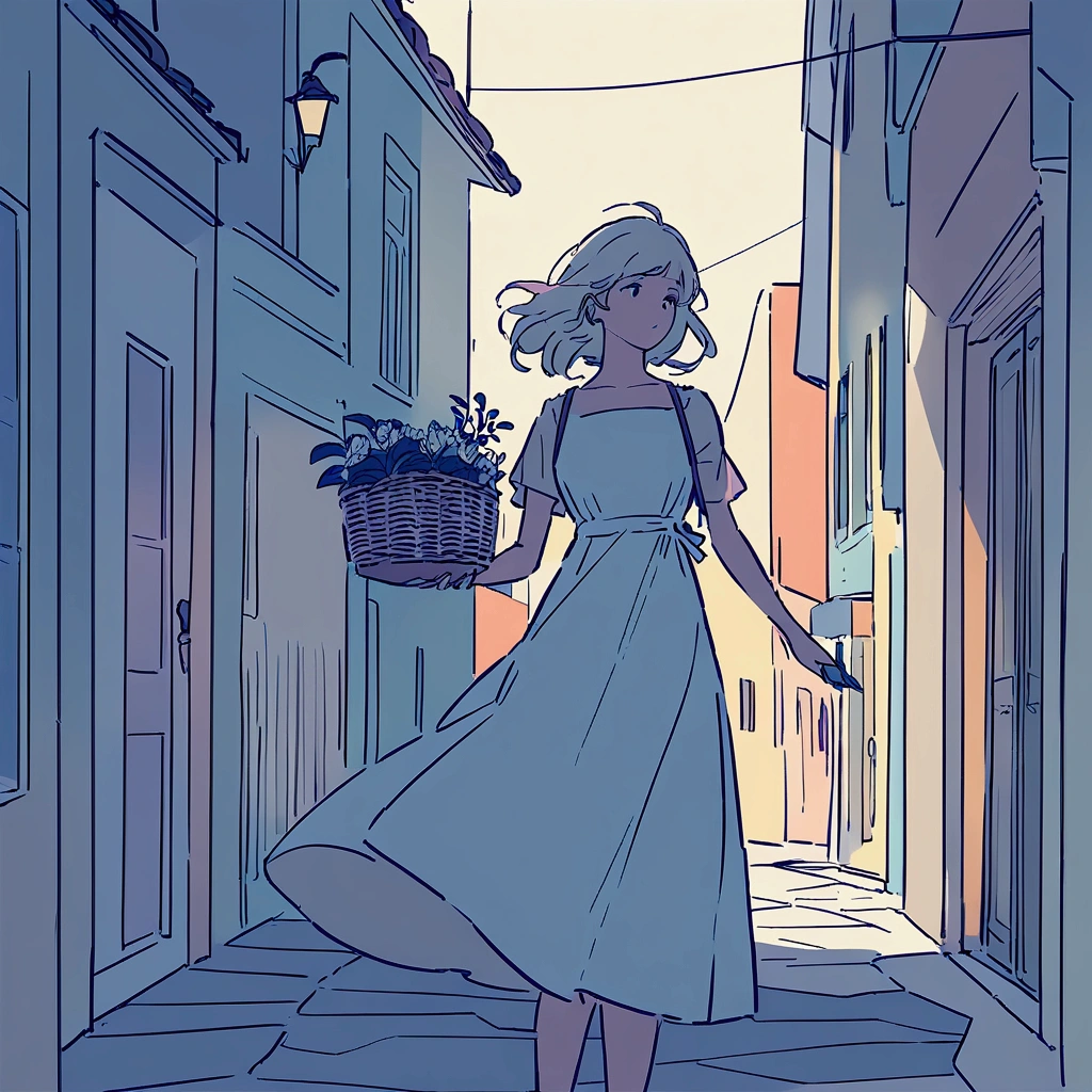 A woman in a white dress, a basket of flowers in her hand, flat colors, chic and soft atmosphere, faint light, walking through the streets of a European city, plants, simple and beautiful color scheme, swaying in the wind, summer. 