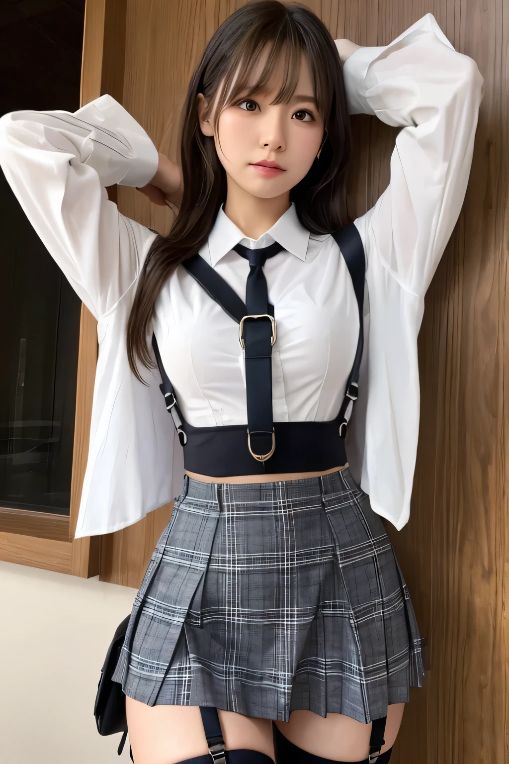 1 female, , high quality, masterpiece, Ultra-high resolution, Cinema Lighting, 1 female, , high quality, masterpiece, Ultra-high resolution, , Cinema Lighting, suspenders Moderate breasts Small face Looking up Sweat Thin belt buzzer 脇Sweat garter belt Belt on pants holster Hands behind your back Looking up Anxious face Knee-high Knee socks Knee-highソックス garter ふとももにgarter belt Checkered mini skirt Panty shot Skirt gap Armament holster holster Hands behind your back Anxious expression Anxious face, legs apart Armament Leg Holster holster See-through clothing heavy rain Rain-soaked dress shirt,Moderate breasts ガーターbelt suspenders Garter on the thigh Checkered mini skirt Looking up Pause belt Armpit sweat Hands behind back Raise your hands