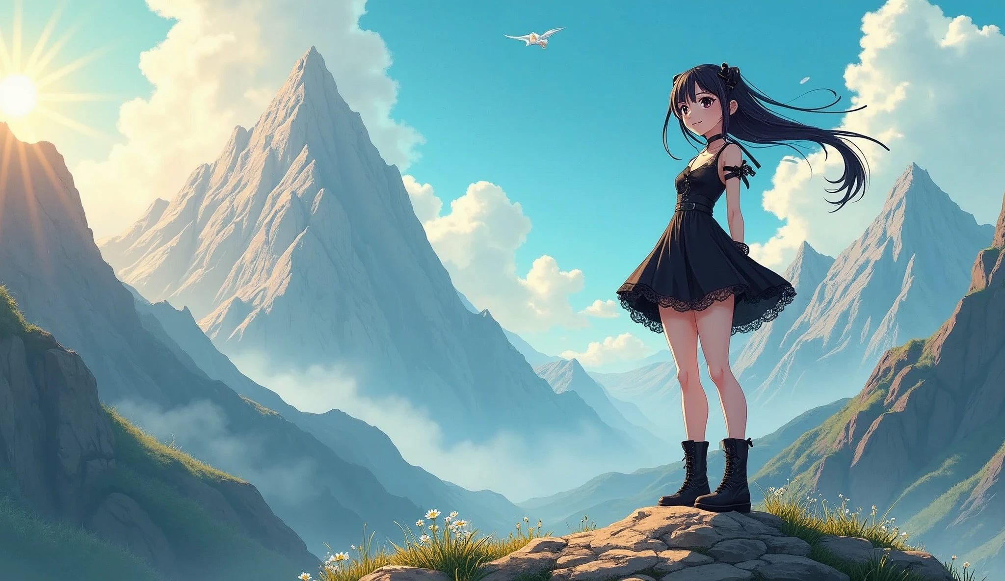 anime goth girl on top of a mountain, wind blowing, happy, sunshine, close up