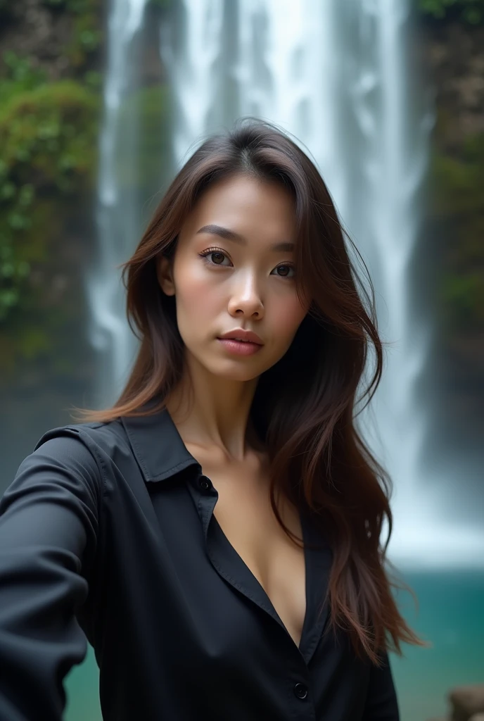 A beautiful lady taking selfie with a beautiful waterfall background.she wears black shirt and her long hair are so beautiful.she have a stunning breast.head to chest style photo.photorealism:1.2