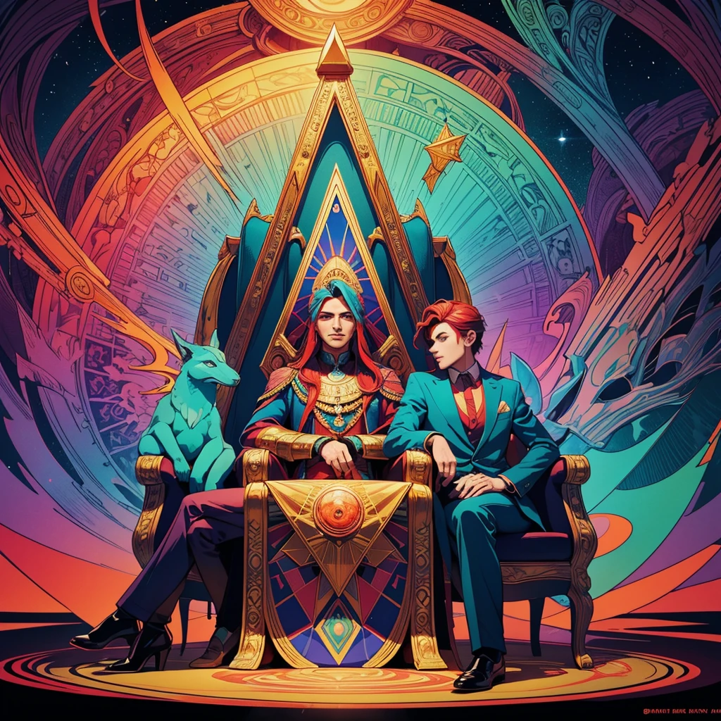 A surreal, colorful image of a man in a blue suit sitting confidently on a luxurious red and gold throne. The man's head is replaced by an Illuminati-style pyramid with an all-seeing eye in the center. Behind the throne is a large, intricate circular mosaic made up of hundreds of tiny colored squares, arranged in a gradient of vibrant colors from green to red. The scene includes abstract and detailed elements like mythical creatures, geometric shapes, and colorful bar charts, adding to the surreal and mysterious atmosphere.