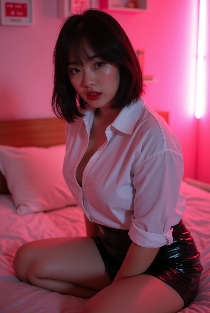 ((Japanese sexy idol)) 35 talents ((Plump, bright red lips with lipstick)) round face Heavy makeup Big Breasts Plump Brown hair short hair ((Looking into the camera)) Sit with your legs apart ((White button-up shirt with black patent leather tight skirt and black stockings)) Skin and chest drenched in sweat (Sit on the futon with your legs spread open.) look down ((A bedroom with shoji and tatami mats lit up in pink neon lights)) Shooting from a camera angle seen from the floor