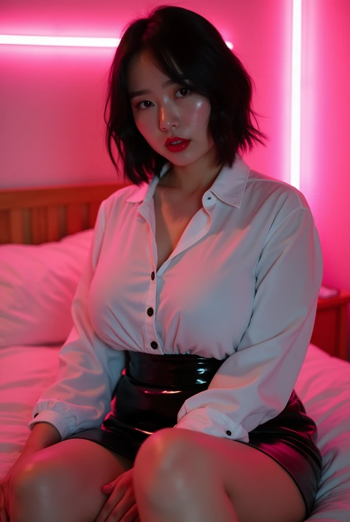 ((Japanese sexy idol)) 35 talents ((Plump, bright red lips with lipstick)) round face Big Breasts Plump ((Black short hair)) ((Looking into the camera)) Sit with your legs apart ((White button-up shirt with black patent leather tight skirt and black stockings)) Sweaty skin 布団の上にSit with your legs apart look down ((A bedroom with shoji and tatami mats lit up in pink neon lights))
