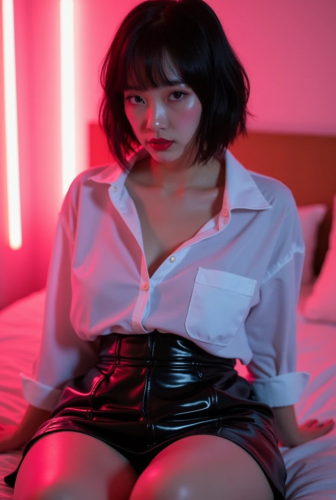 ((Japanese sexy idol)) 35 talents ((Plump, bright red lips with lipstick)) round face Big Breasts Plump ((Black short hair)) ((Looking into the camera)) Sit with your legs apart ((White button-up shirt with black patent leather tight skirt and black stockings)) Sweaty skin 布団の上にSit with your legs apart look down ((A bedroom with shoji and tatami mats lit up in pink neon lights))