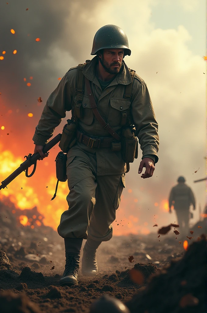 A soldier fighting in war with his opppenets playing a heroic scene