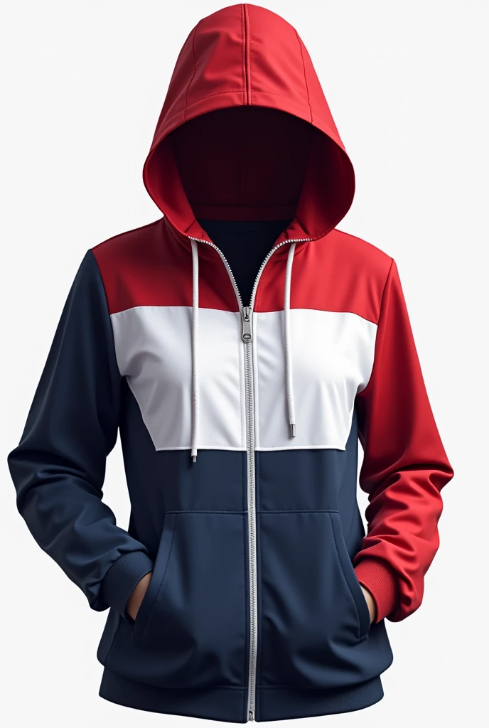 A sport windbreaker on the right upper chest all the way to the arm and hand it should be navy blue the mirror line should be a zip making the left upper chest all the way to the left arm and hand red...then from the all the breast up until to the hip passing by the belly should be white..and lastly the hood being slipt red on right and blue on left