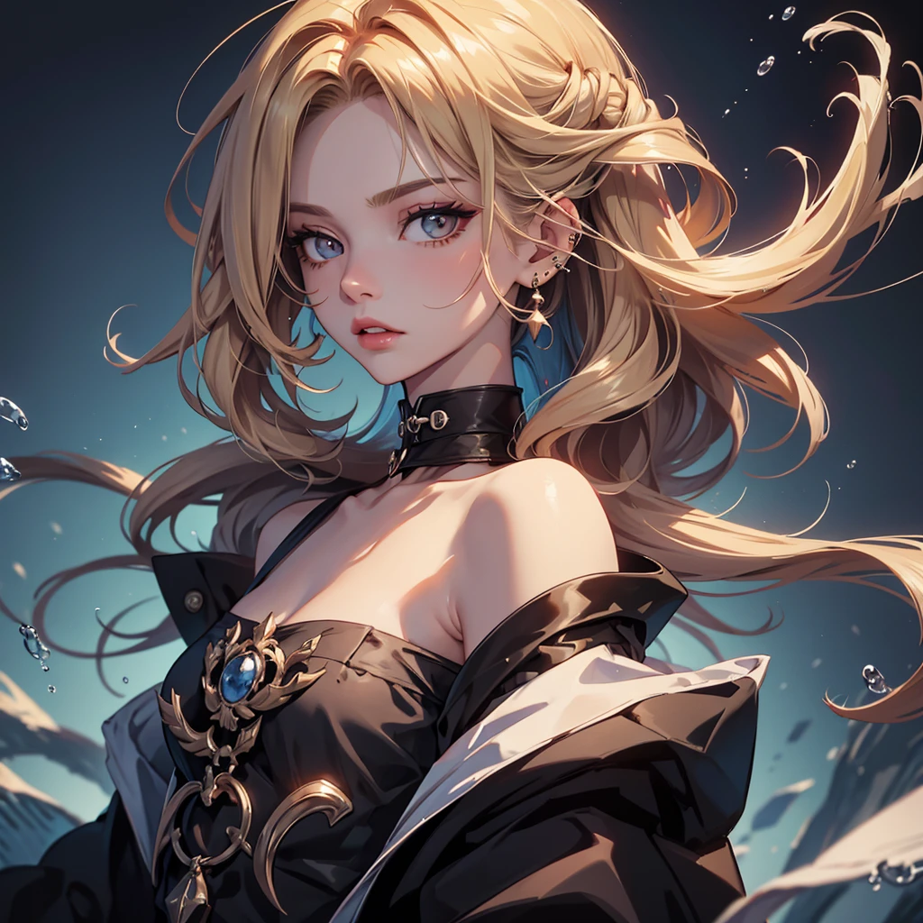Facial Focus, work of art, best qualityer, 1 girl, standing alone, hair blonde, slickedback hair, piercing na boca, gazing at viewer, portraite, shorth hair, parted lips, simple background, clavicle, multicolored hair, right eye water, cabelo roxo, red left eye, hair blue, Dark clothes, indifferent look, tusk, fang