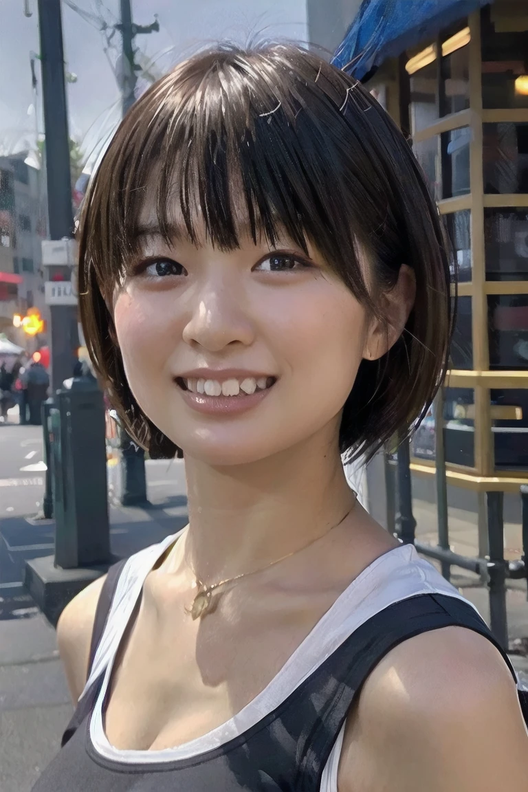 masterpiece, highest quality, 8k, Absurd,, beautiful girl, Pretty face, View your viewers, smile, Ultra-realistic, High resolution,  Sharp focus, High resolution, Face Light, Dynamic Lighting, Cinema Lighting, Professional Shadow, , , Most detailed, Very detailed, Very detailed, In detail, Real Skin, Delicate facial features, Detailed face and eyes, Sharp pupils, ,,,Shorts,Sleeveless shirt,smile,,(Looking Down from Above:1.8), (upturned eyes :1.5)