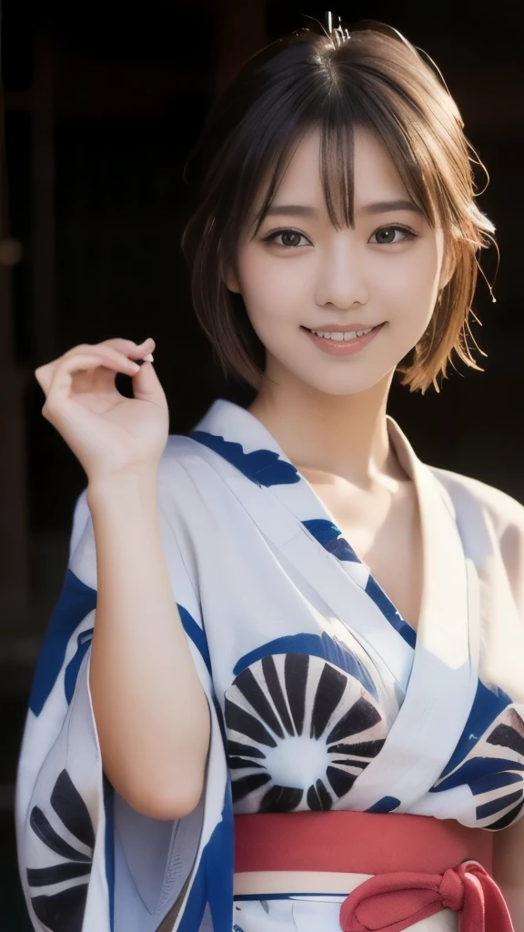 8k,Highest quality,(masterpiece:1.2),(Realistic),(Realistic:1.37),Ultra-high resolution,1 female college student,festival,night,smile,Beautiful Eyes,(((Cute Yukata))),Perfect body,Perfect Fingers,Professional Lighting,gravure,Detailed face and skin texture,fine grain,RAW Photos