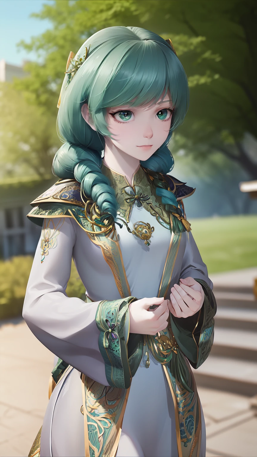 "A young woman with long, flowing green hair that cascades down her back, tied with a ribbon. She has delicate, fair skin and bright, expressive eyes that sparkle with a hint of mischief and intelligence. Her attire is an elegant, traditional Chinese dress in shades of white green, adorned with intricate patterns and a slight aura of light around her, symbolizing her supportive abilities as a spirit master.