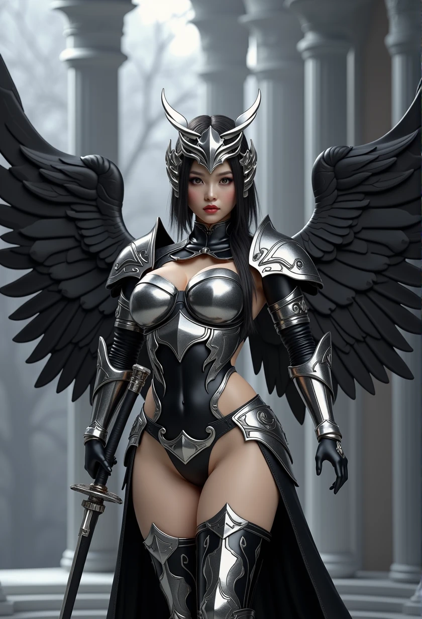 1fullbodyimage of a extremely cute Japanese young woman with albino skin and flowing hair, wide hips, well rounded legs, in a black and silver miniskirt outfit with black wings wielding a katana, Beautiful round breasts, Glossy lips, Perfect abs, (Perspectiveal), Tight waist, Inner seam, hourglass body shape, navel, Blush, Voluptuous, huge breasts, tight top, beautiful dark angel girl, warrior angel, villainess has black angel wings, angel knight gothic girl, angel in glossy metallic black and silver armor, crown in armour, stuning fantasy 3 d render, angel knight girl, cinematic volumetric lighting, ultra realistic, shot with Sony Fx6, (Glossy albino skin: 0.8), (Masterpiece: 1.4), (Best quality: 1.4), Natural(Big:1.25), Glossy lips, Perfect abs, (Perspectiveal), Tight waist, Inner seam, hourglass body shape, navel, Blush, Voluptuous, huge breasts, tight top, cinematic volumetric lighting