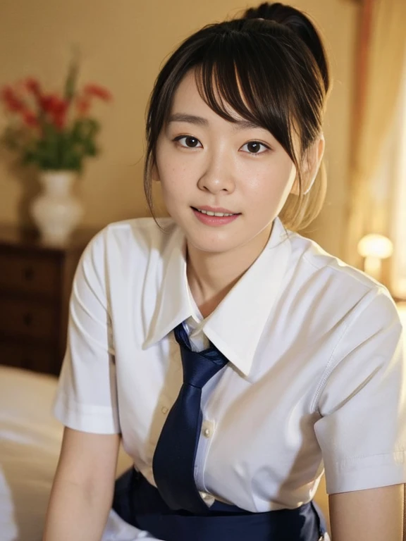 (Masterpiece, Best quality:1.3), (Ultra realistic, Photo-realistic:1.2), Natural light, 28 years old actress, Japanese beautiful 2 women, Neat and clean, (School uniform, Collared shirts, white shirts, Short sleeve, tie, Darknavy short skirt:1.1), (unbutton:1.1), white sock, (Ponytail:1.2), (Beautiful faces), Oval face, clear, Beautiful eyes, Kind eyes, Clear skin, Small face, Beautiful mouth, Small mouth, Natural makeup, Approachable, Seductive smile, (Seductive pose:1.2), Beautiful thighs, Bedroom eyes, Embarrassed, Blush, Luxury hotel Suite room, On bed, (nsfw:1.1), obscene reality of girls, (lesbian couple, petting together:1.1),