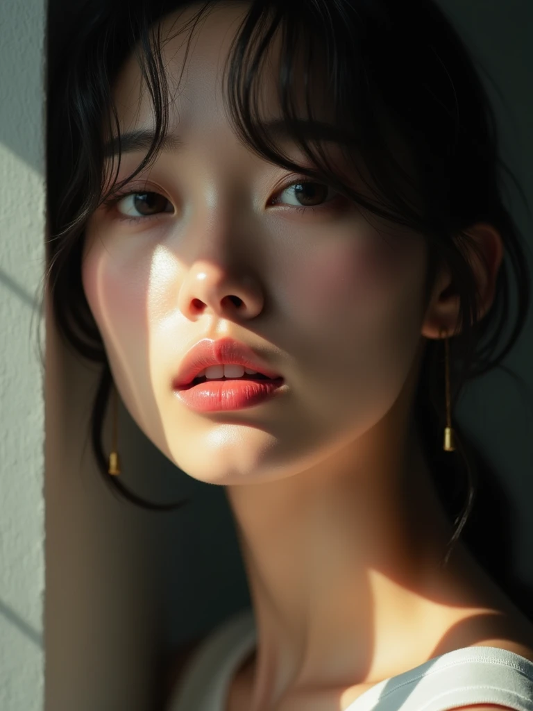 (Model shooting style), (shy), Lonely, Shiny black hair、 Extremely rich facial detail, Beautiful Eyes, [Chubby], cute, Slightly red cheeks，bright, Lonely Eyes, Stunning beauty, (Rembrandt Lighting), ARRI Lenses, Surreal, (Skin with attention to detail:1.2),8k,ARRI ALEXA 35,White Promist, Dramatic Rim Light, high quality,Very delicate and beautiful, wonderful, In detail, masterpiece, Very detailed, High resolution,Best Shot, Best Shadow,Complex,Sharp focus, high quality, 1 Japan woman, alone.cute,Beautiful body、Flexible muscles、Beautiful ass、Lens flare,No sleeve,Beautiful breasts,Swallowtail butterfly,A butterfly flutters,Cool eyes,Glossy Lips,smile,Glowing Skin,Transparent skin,Track and field athlete from behind