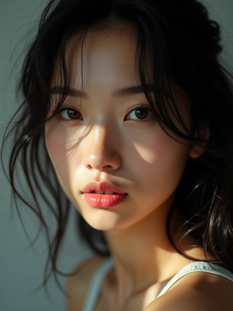 (Model shooting style), (shy), Lonely, Shiny black hair、 Extremely rich facial detail, Beautiful Eyes, [Chubby], cute, Slightly red cheeks，bright, Lonely Eyes, Stunning beauty, (Rembrandt Lighting), ARRI Lenses, Surreal, (Skin with attention to detail:1.2),8k,ARRI ALEXA 35,White Promist, Dramatic Rim Light, high quality,Very delicate and beautiful, wonderful, In detail, masterpiece, Very detailed, High resolution,Best Shot, Best Shadow,Complex,Sharp focus, high quality, 1 Japan woman, alone.cute,Beautiful body、Flexible muscles、Beautiful ass、Lens flare,No sleeve,Beautiful breasts,Swallowtail butterfly,A butterfly flutters,Cool eyes,Glossy Lips,smile,Glowing Skin,Transparent skin,Track and field athlete from behind