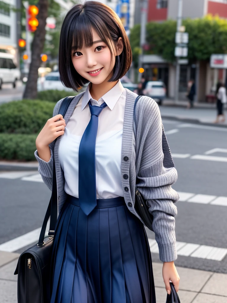 product quality, 1girl, upper body shot, front view, a Japanese young pretty woman, medium bob hair, standing with a big smile on a crowded sidewalk in the sunset, carrying a school bag over her shoulder, glamorous figure, wearing a long length gray knitted cardigan over a white collared silky shirt with shiny satin dark blue plain long tie, wearing a dark blue pleated long skirt, hyper cute face, glossy lips, double eyelids in both eyes, natural makeup, long eyelashes, shiny smooth light brown medium bob hair, asymmetrical bangs, a tanned skin, central image, high resolution, high detail, detailed hairstyle, detailed face, spectacular cinematic lighting, octane rendering, vibrant, hyper realistic, perfect limbs, perfect anatomy