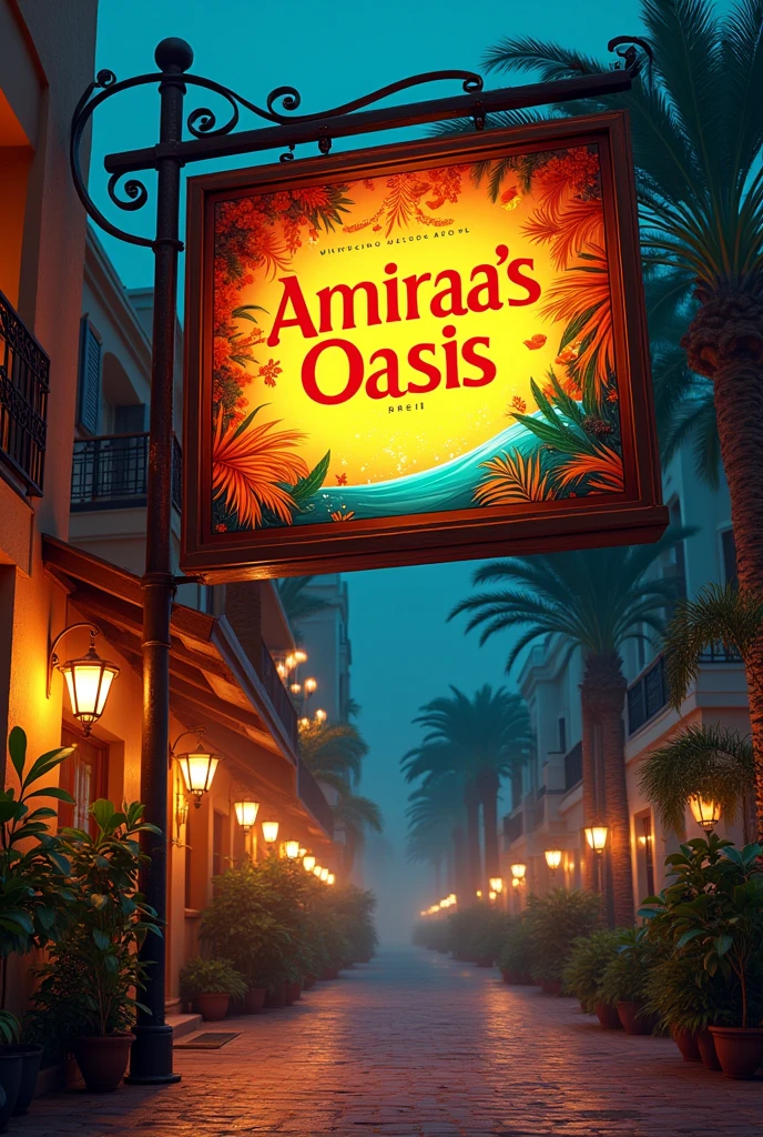 Street entry glow sign with details of a resturant and swimming pool named amiraa's Oasis of size 7*3
