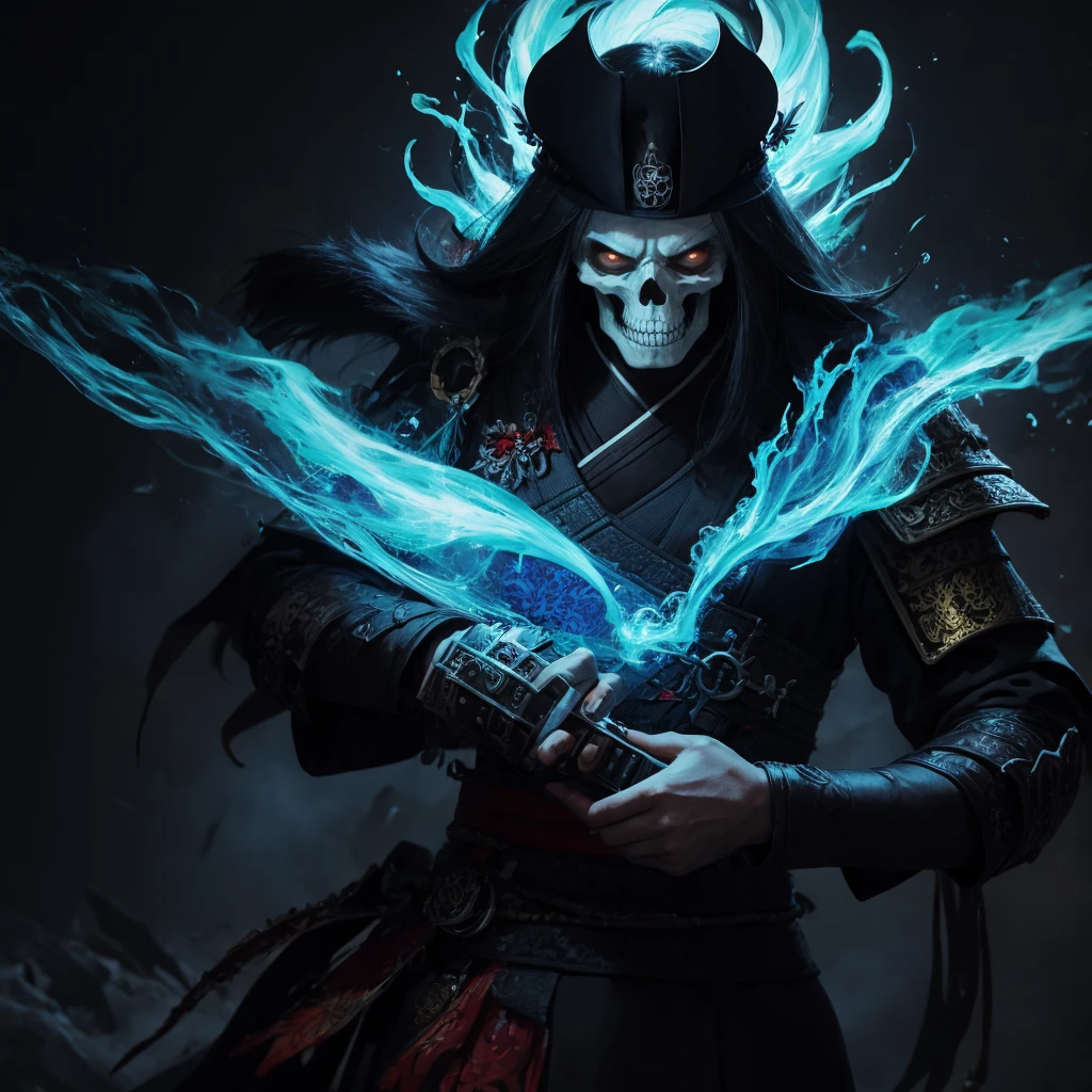 High quality 4K artwork ,Flaming skull-faced samurai with blue flames,kimono branco 