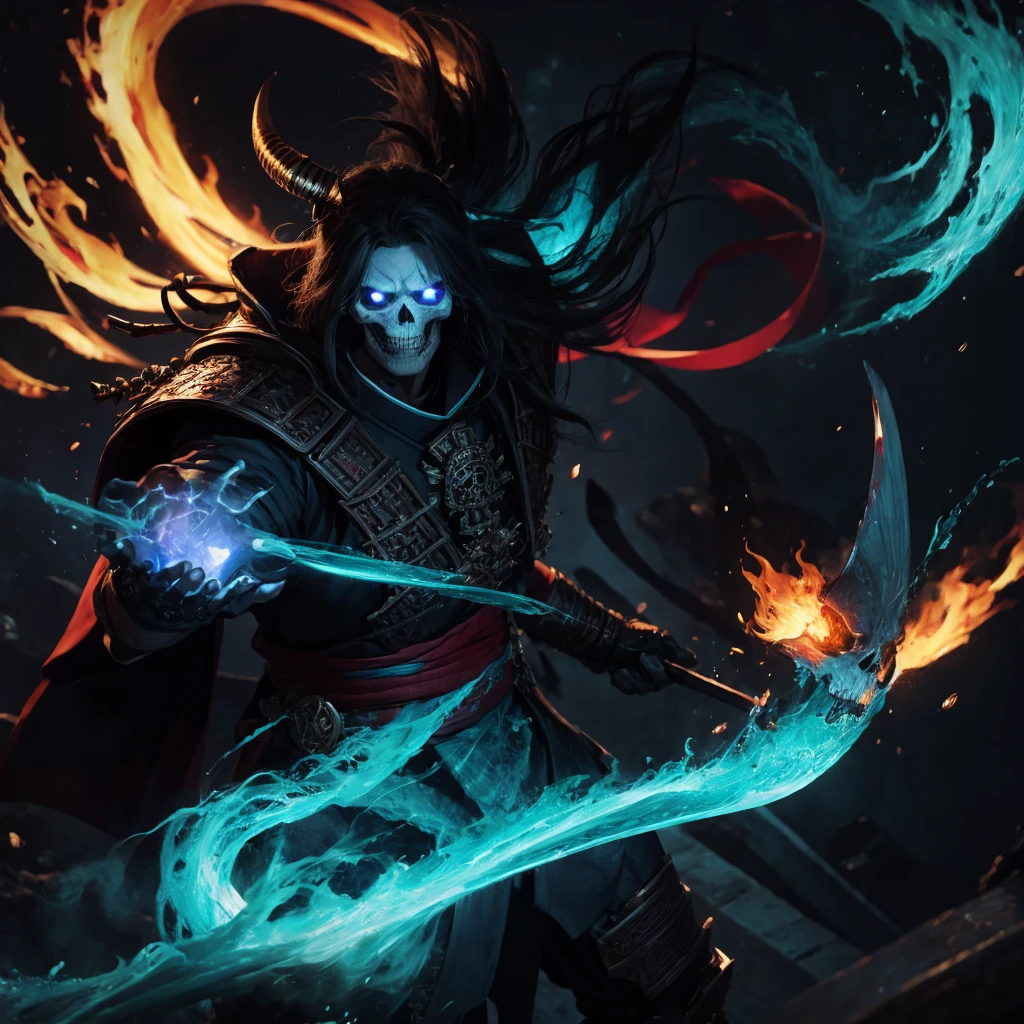 High quality 4K artwork ,Flaming skull-faced samurai with blue flames,kimono branco 