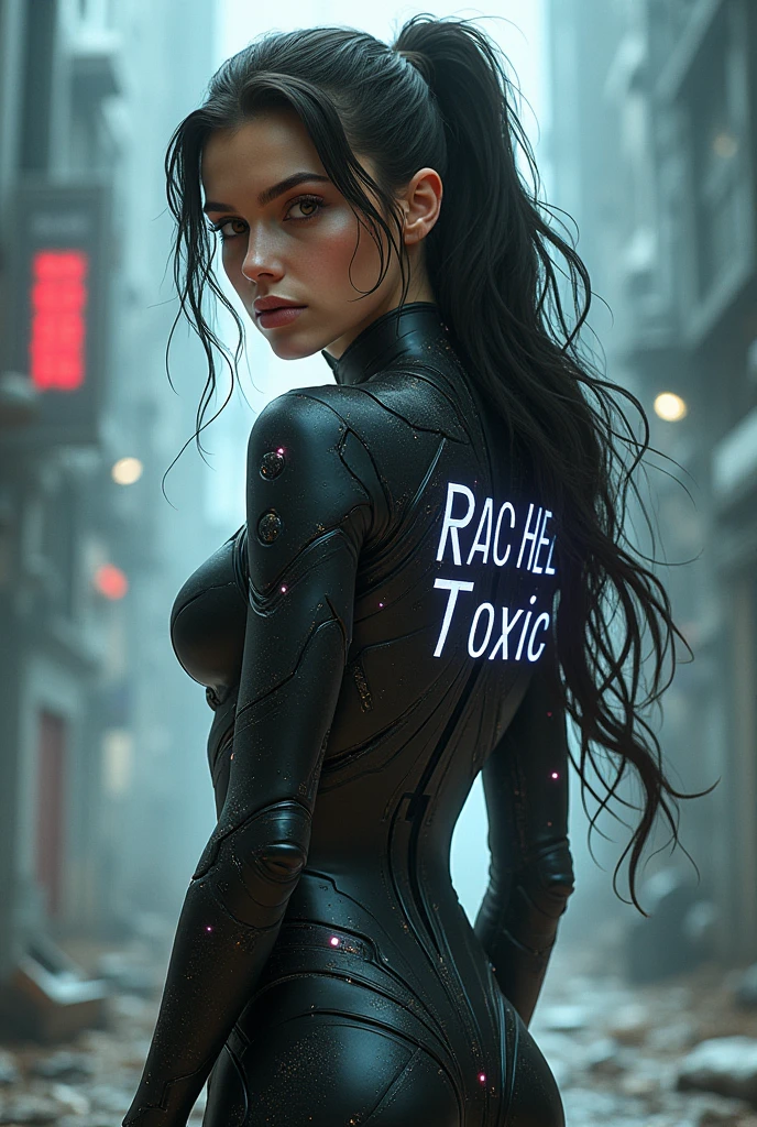 Young woman in a cyber suit with the inscription "Rachel Toxic"Name on the back