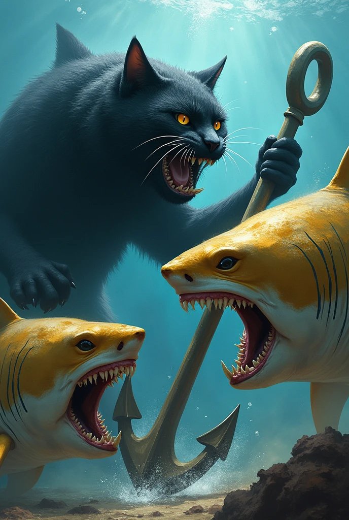 big black muscular cat strik two huge golden shark with anchor