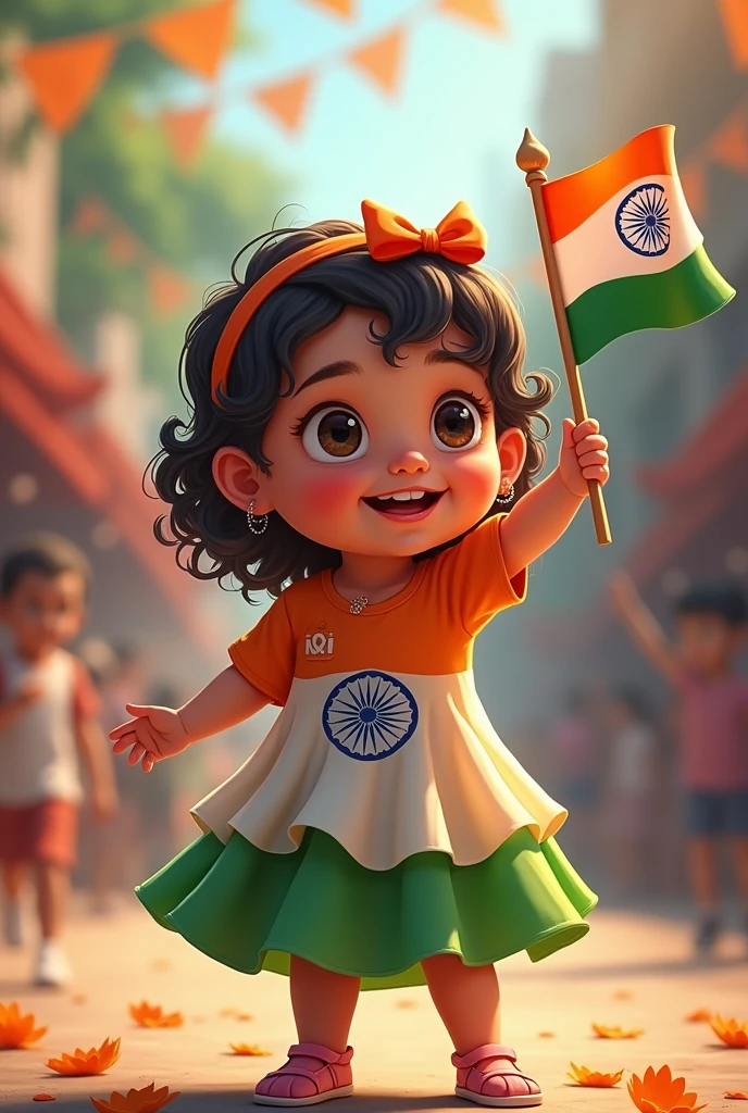 A aged 1.5 years holding Indian flag l and wearing tri color dress celebrate indipendent day of india, name printed in her dress Shristi