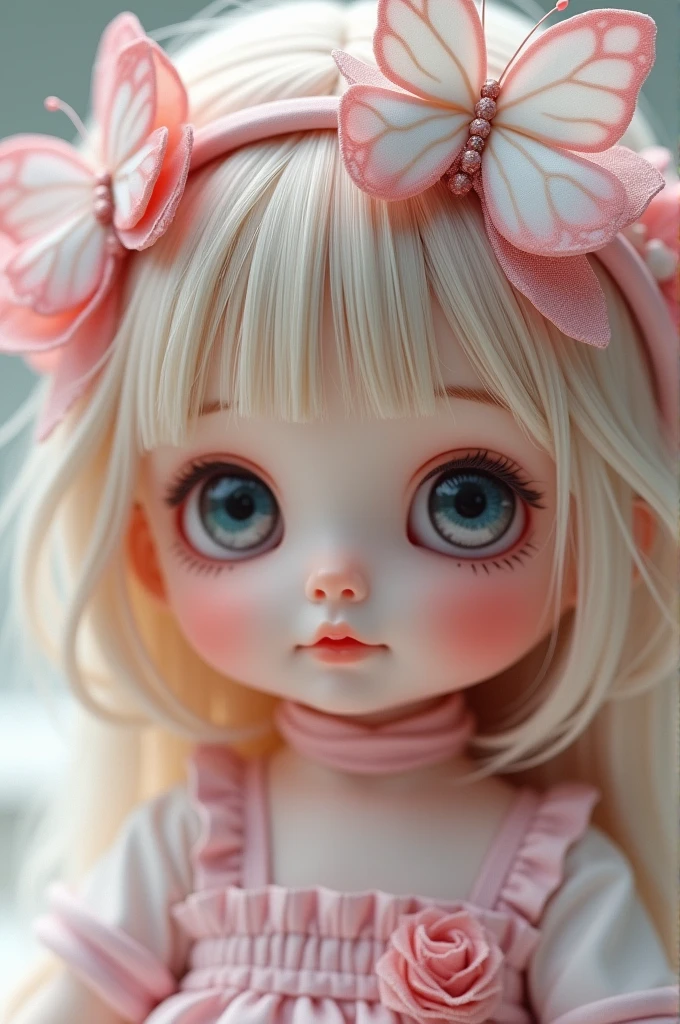 a close up of a doll with a butterfly headband on, cute detailed digital art, cute 3 d render, adorable digital painting, cute digital art, cute pocelain doll, kawaii, kawaii hq render, kawaii chibi, kawaii realistic portrait, trending on cgstation, cute kawaii girl, chibi, cute cartoon character, cute cartoon, render of a cute 3d anime girl