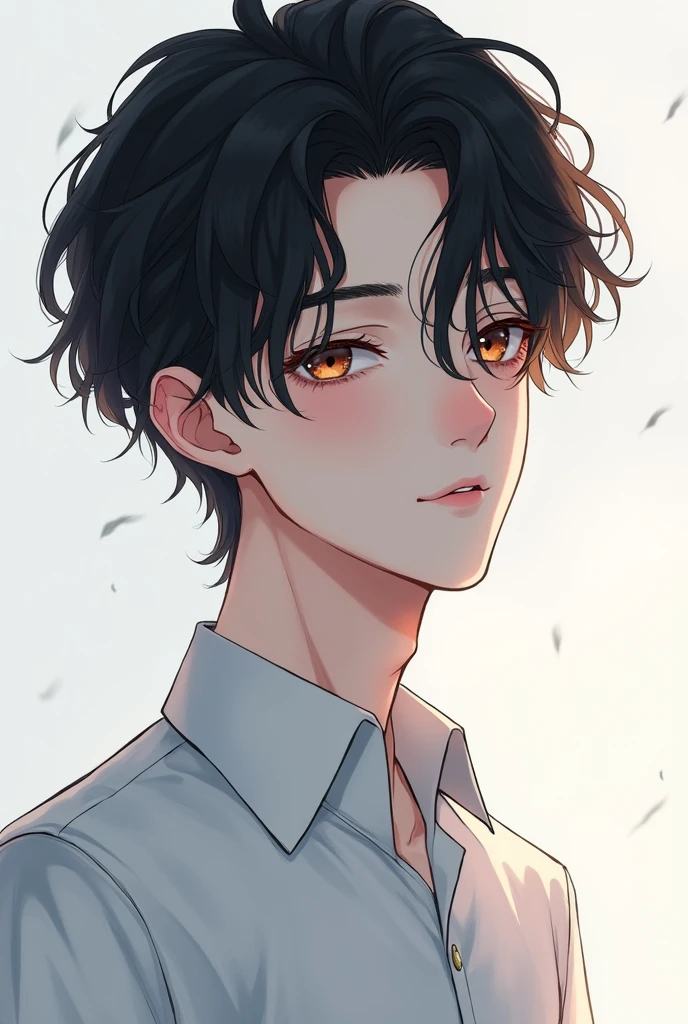 20-year-old anime boy with white skin, black hair parted on the side, wearing a button-up shirt., fine hair