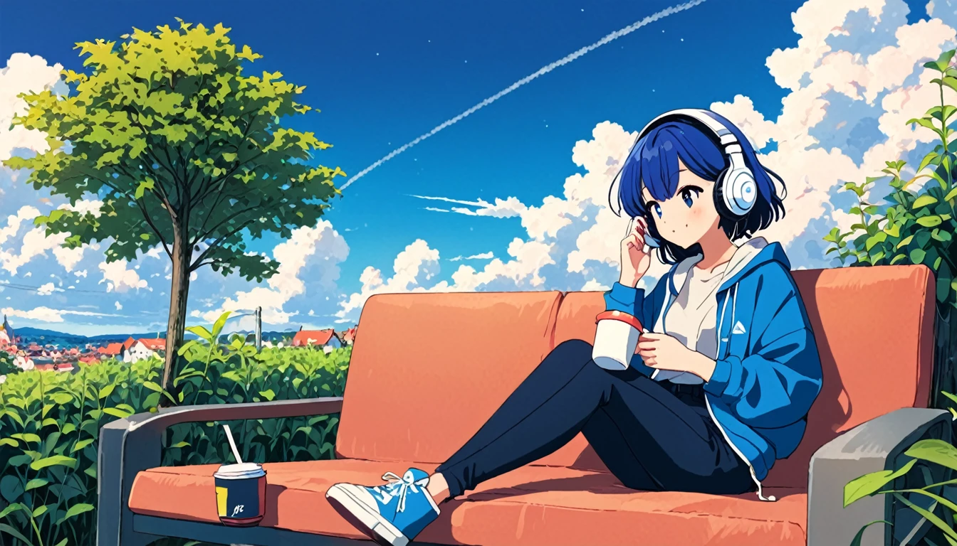 (masterpieces), (best quality), (ultra_detailed), more_details:1.5, perfect, AddNet Weight 1:1.0, Boldline,Weight 1:1.0, masterpiece, best quality, high res, alone, lofi girl, lofi artstyle, lofi art, city, town, Anime Girl, woman sitting on a couch with headphones on and holding a cup, listening to music, listening to godly music, listening to music at 2 am, vibing to music, with headphones, relaxing mood, early morning mood, high quality stock picture, photograph taken in 2 0 2 0, with head phones, girl wearing headphones, the girl on a windowsill, Better hand, better finger, extreme fisheye lens, heterochromia, multicolored eyes, split-color hair, Soft hair, flower, outdoors, sky, day, cloud, tree, blue sky, grass, plant, nature, scenery, stairs, sunflower