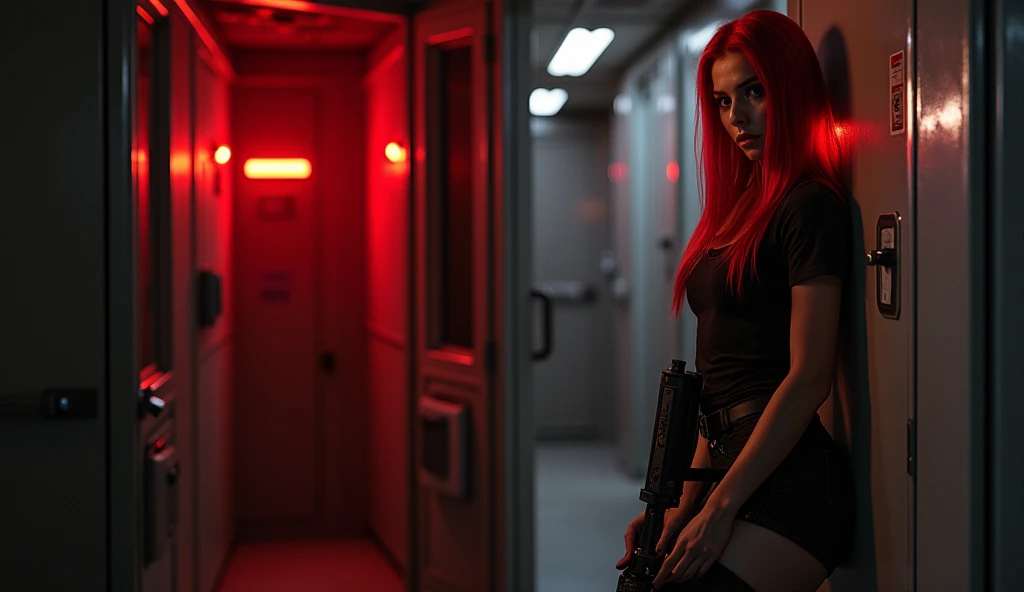 (full body shot:1) photorealistic image of a (standing pose:1) woman, ultrarealistic, photography, long red hair, woman, 24 years old, hourglass figure, perfect body, natural medium breasts, Full body picture, she is on a space station, in a dark room, only red alarmlights are on, she is wearing a tshirt and hot pants, she is holding a pulserifle, she is leaning at a wall next to a door, she is looking scared