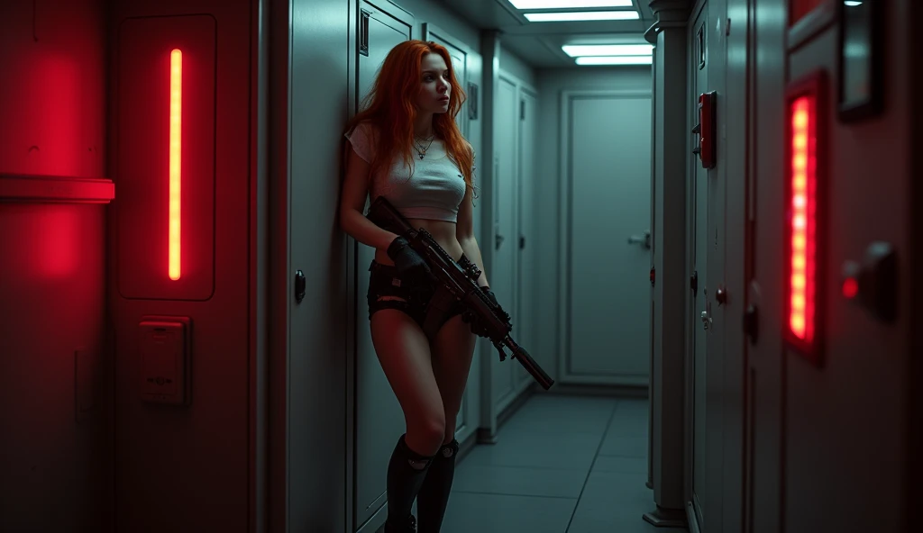 (full body shot:1) photorealistic image of a (standing pose:1) woman, ultrarealistic, photography, long red hair, woman, 24 years old, hourglass figure, perfect body, natural medium breasts, Full body picture, she is on a space station, in a dark room, only red alarmlights are on, she is wearing a tshirt and hot pants, she is holding a pulserifle, she is leaning at a wall next to a door, she is looking scared
