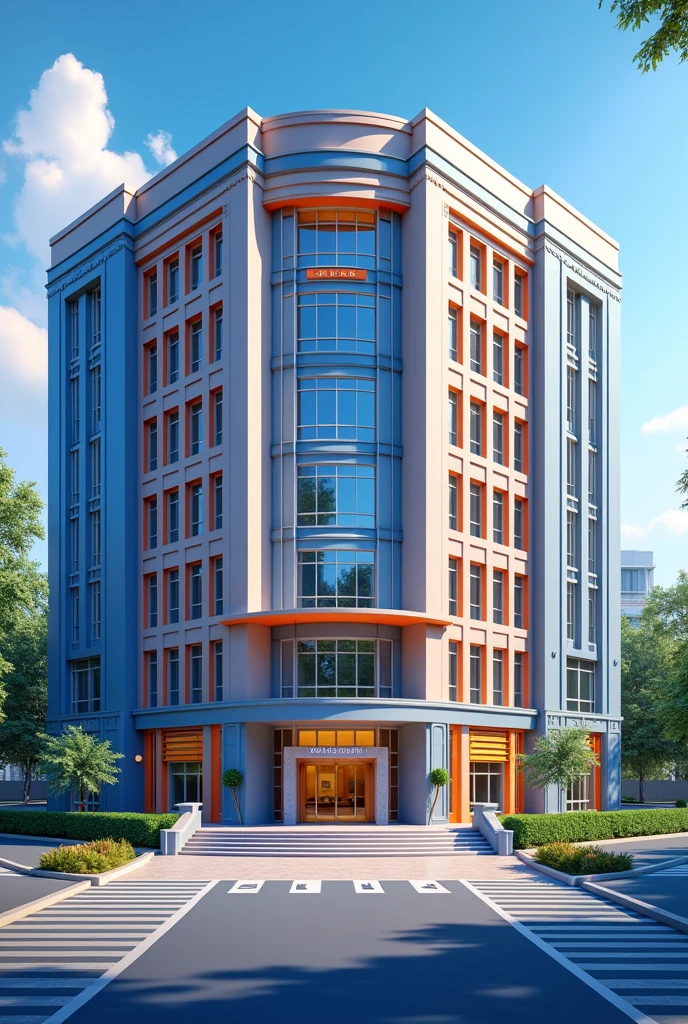This is a main entrance for a university. A four story building which has a rectangular floor area. The students will enter to the building from the first floor level, which is with the road level. Then they have to go down to the ground floor to enter the university. In this floor a convenient store and medical center are located. An administrative office is on the second floor and a student lounge is on the third floor. The first floor level also has a drive through. I want to highlight blue and orange colors
I want the outside look. use sketchup style