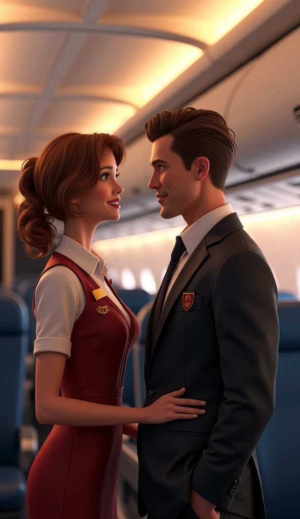 A flight attendant with brown hair talking to a handsome passenger on an airplane checking the cabin, 3d , pixar style, cinematic, masterpiece, realistic