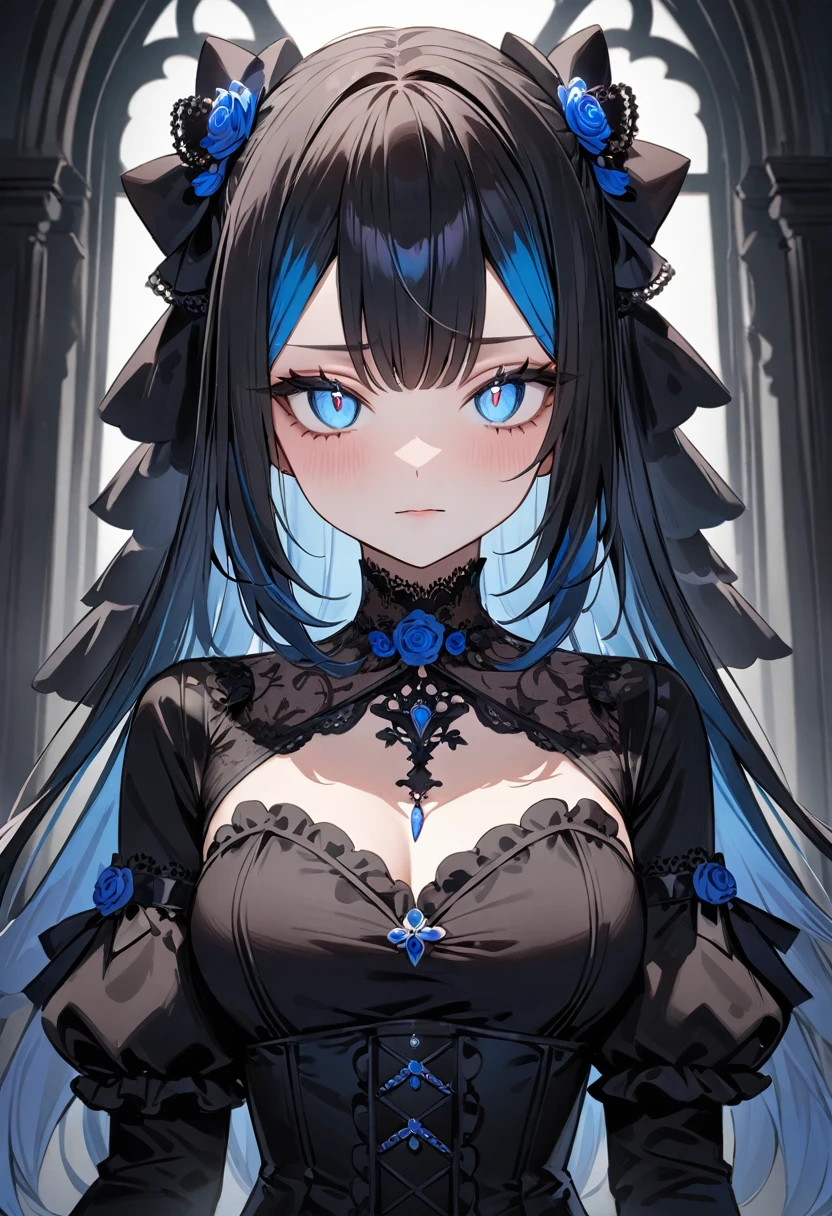 (masterpiece, top quality, very aesthetic, 4k、illustration), intricate detail, 1woman,solo,contrapposto 、Strong glowing eyes、Fair skin,(upper body)、cute look 、(),beautiful face、(gradient hair)、multicolored hair,middle hair,sidelock ,blue eyes、gothic lolita dress、medium breasts、slender 、