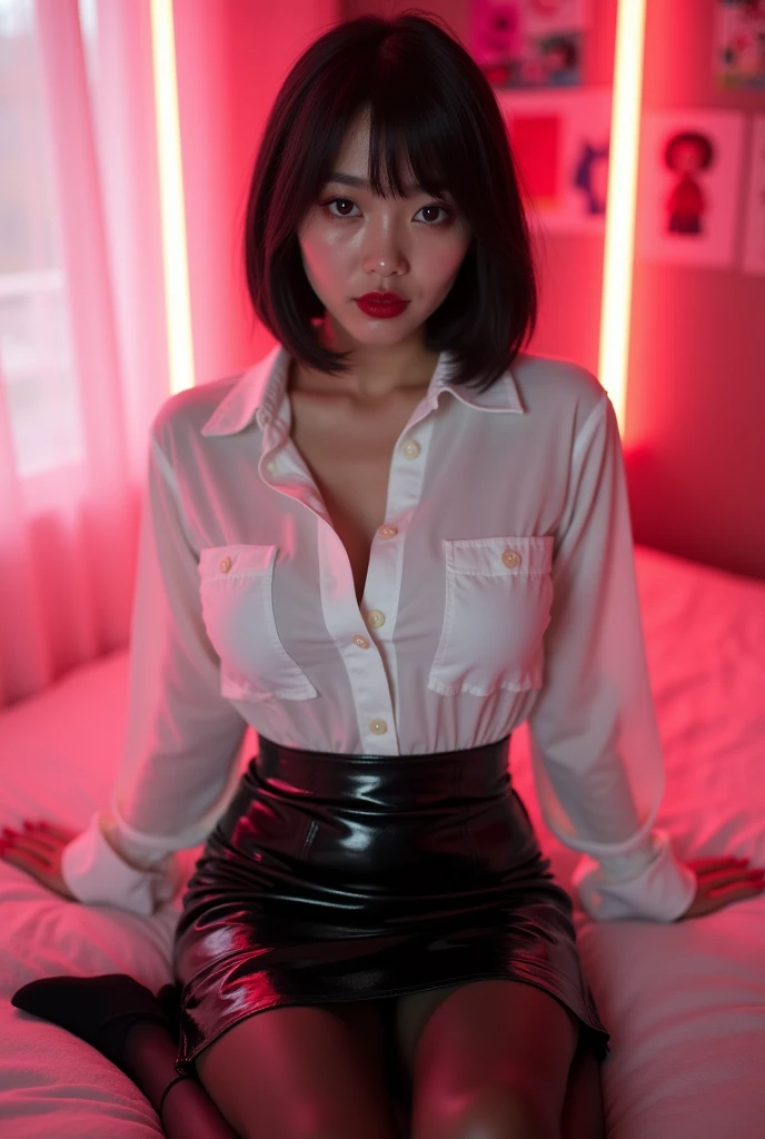 ((Japanese sexy idol))　35 talents　((Plump, bright red lips with lipstick))　round face　Big Breasts　Plump　((Black short hair))　((Looking into the camera))　Sit with your legs apart　((White button-up shirt with black patent leather tight skirt and black stockings))　Sweaty skin　　布団の上にSit with your legs apart　look down　((A bedroom with shoji and tatami mats lit up in pink neon lights))　