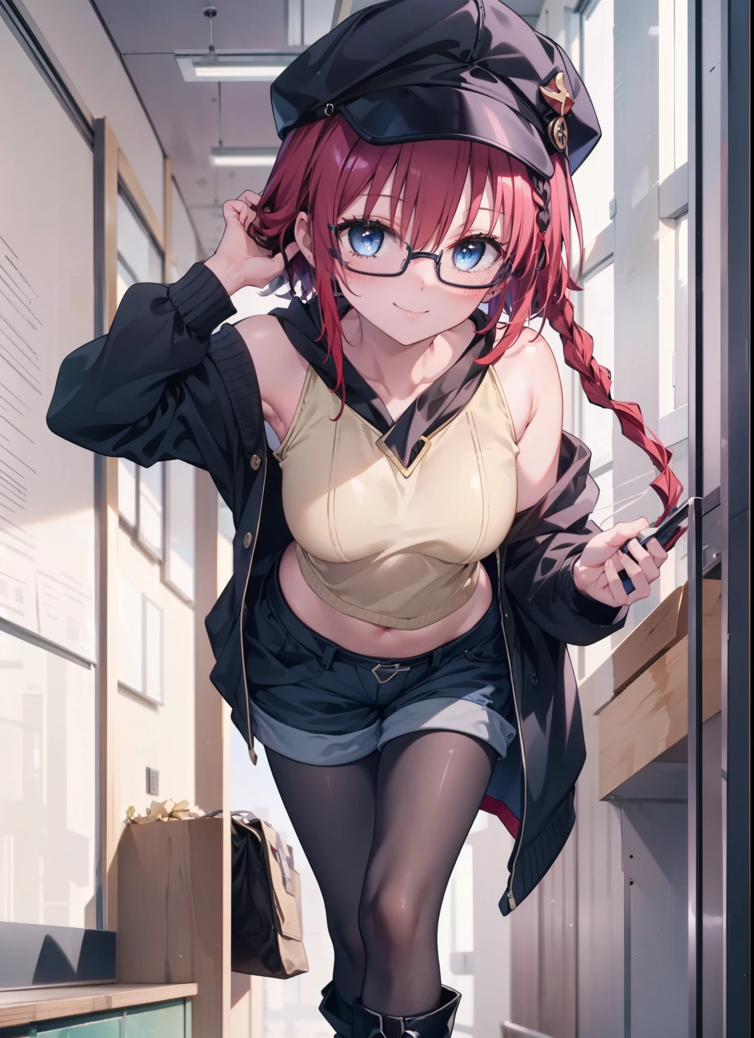 meakurosaki, Meia Kurosaki, Ahoge, blue eyes, Braiding, Hair Intake, hair ornaments, Long braids, Redhead,Baseball hats,smile,Oversized one-shoulder sweater,Shorts,Black pantyhose,short boots,Walking,Glasses,night,moonlight,
break looking at viewer,
break indoors, classroom,
break (masterpiece:1.2), Highest quality, High resolution, unity 8k wallpaper, (figure:0.8), (Beautiful attention to detail:1.6), Highly detailed face, Perfect lighting, Highly detailed CG, (Perfect hands, Perfect Anatomy),