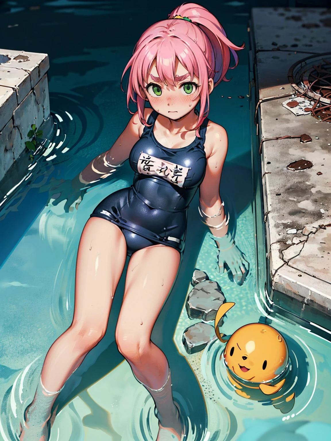 8K quality,(super masterpiece:1.3),Highest quality,Detailed Images,1 female,symmetrical beauty,10th Generation,Medium build,face(confusion,blush,bright red,Sweat),(Pink Hair,Long Hair,High Ponytail),(Thick eyebrows,Thick eyebrows),(Droopy eyes,Green Eyes,Green Eyes,Bright Eyes),(Large Breasts,F cupの胸),Tan Skin,(School Swimsuit),(Draw the whole body),background(Submerged City,Flooded station,Submerged City,A sunken ruin),(faceはカメラに対して真正面を向く,Looking directly at the viewer,looking at the camera,The body faces the viewer,The body is facing the direction of the camera,faceはカメラを真っ直ぐ見る).
