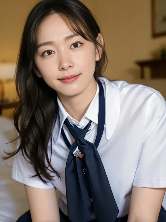 (Masterpiece, Best quality:1.3), (Ultra realistic, Photo-realistic:1.2), Natural light, 28 years old actress, Japanese beautiful 2 women, Neat and clean, (School uniform, Collared shirts, White shirts, Short sleeve, Darknavy tie, Darknavy short skirt:1.2), (unbutton:1.1), White sock, (Ponytail:1.2), (Beautiful faces), Oval face, clear, Beautiful eyes, Kind eyes, Clear skin, Small face, Beautiful mouth, Small mouth, Natural makeup, Approachable, Seductive smile, (Seductive pose:1.2), Beautiful thighs, Bedroom eyes, Embarrassed, Blush, Luxury hotel Suite room, On bed, (nsfw:1.1), obscene reality of girls, (lesbian couple, petting together:1.1),