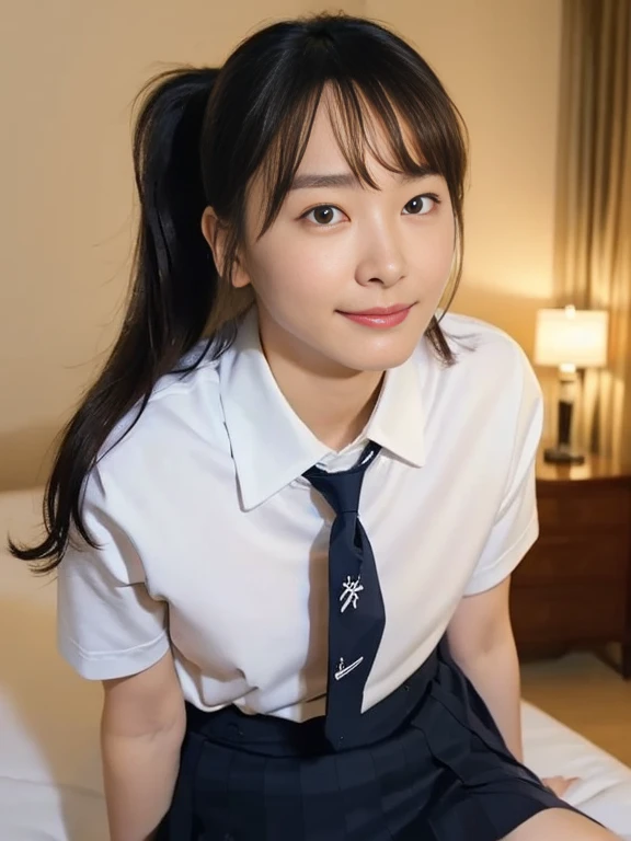 (Masterpiece, Best quality:1.3), (Ultra realistic, Photo-realistic:1.2), Natural light, 28 years old actress, Japanese beautiful 2 women, Neat and clean, (School uniform, Collared shirts, White shirts, Short sleeve, Darknavy tie, Darknavy short skirt:1.2), (unbutton:1.1), White sock, (Ponytail:1.2), (Beautiful faces), Oval face, clear, Beautiful eyes, Kind eyes, Clear skin, Small face, Beautiful mouth, Small mouth, Natural makeup, Approachable, Seductive smile, (Seductive pose:1.2), Beautiful thighs, Bedroom eyes, Embarrassed, Blush, Luxury hotel Suite room, On bed, (nsfw:1.1), obscene reality of girls, (lesbian couple, petting together:1.1),
