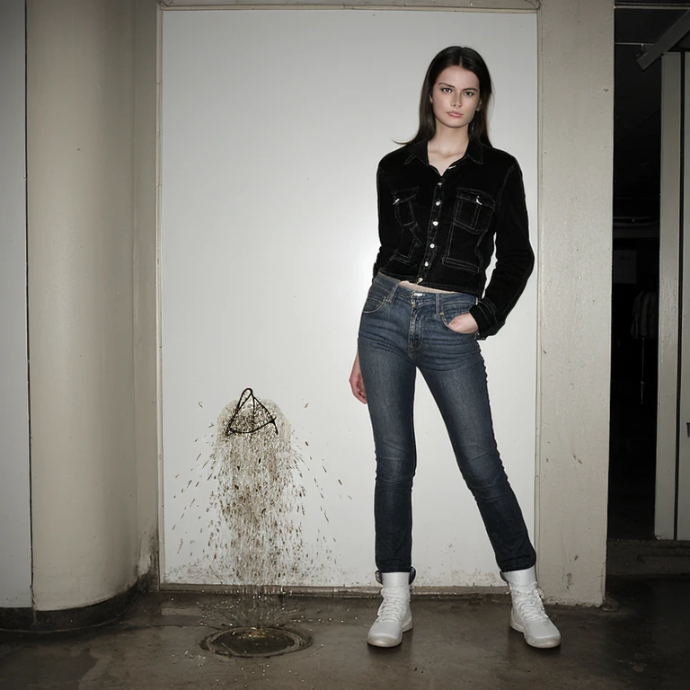 2010's fashion advertisement, 20 year old woman, ((pee stain, peeing self)), (pee), looking at viewer