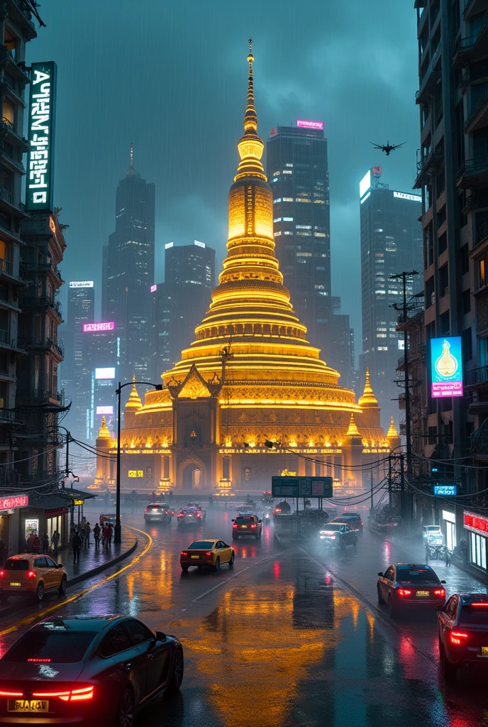 Cyberpunk Bangkok City with Golden Temple, Wide Angle, Night Time, Rainy Day